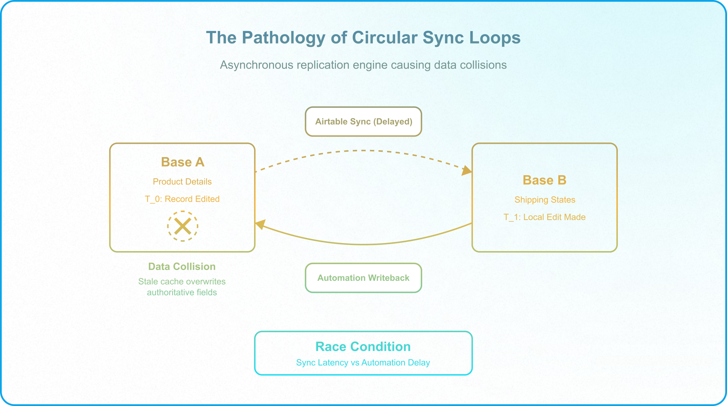 Circular Airtable sync loop diagram showing stale data, writeback automations, and conflicting source authority.