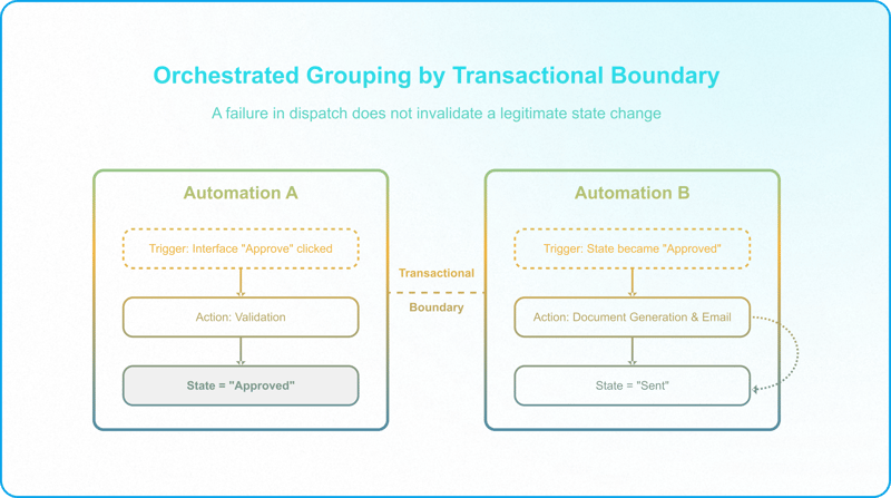Governed automation trigger model using single-field state transitions instead of unrestricted record update events.