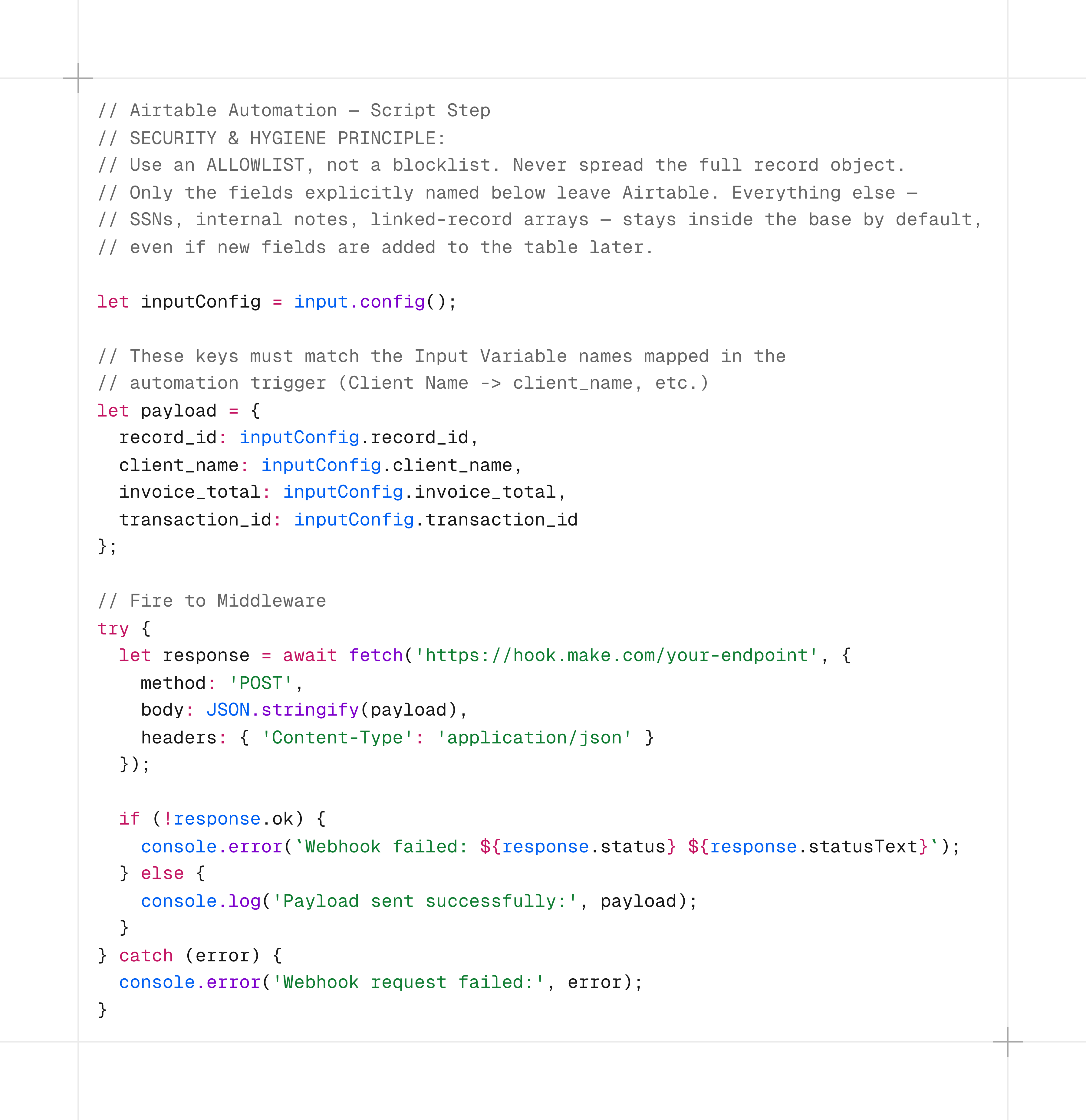 Webhook hygiene workflow filtering Airtable records into lean JSON payloads before external processing.
